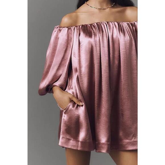 Mare Mare Off-The-Shoulder Puff-Sleeve Shine Mini Dress Size M Pink - Picture 4 of 4